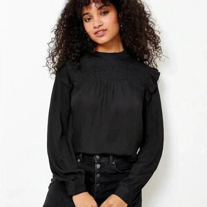 LOFT Smocked Yoke Blouse, Black Smocked Ruffle Long Sleeve Top, Size Medium